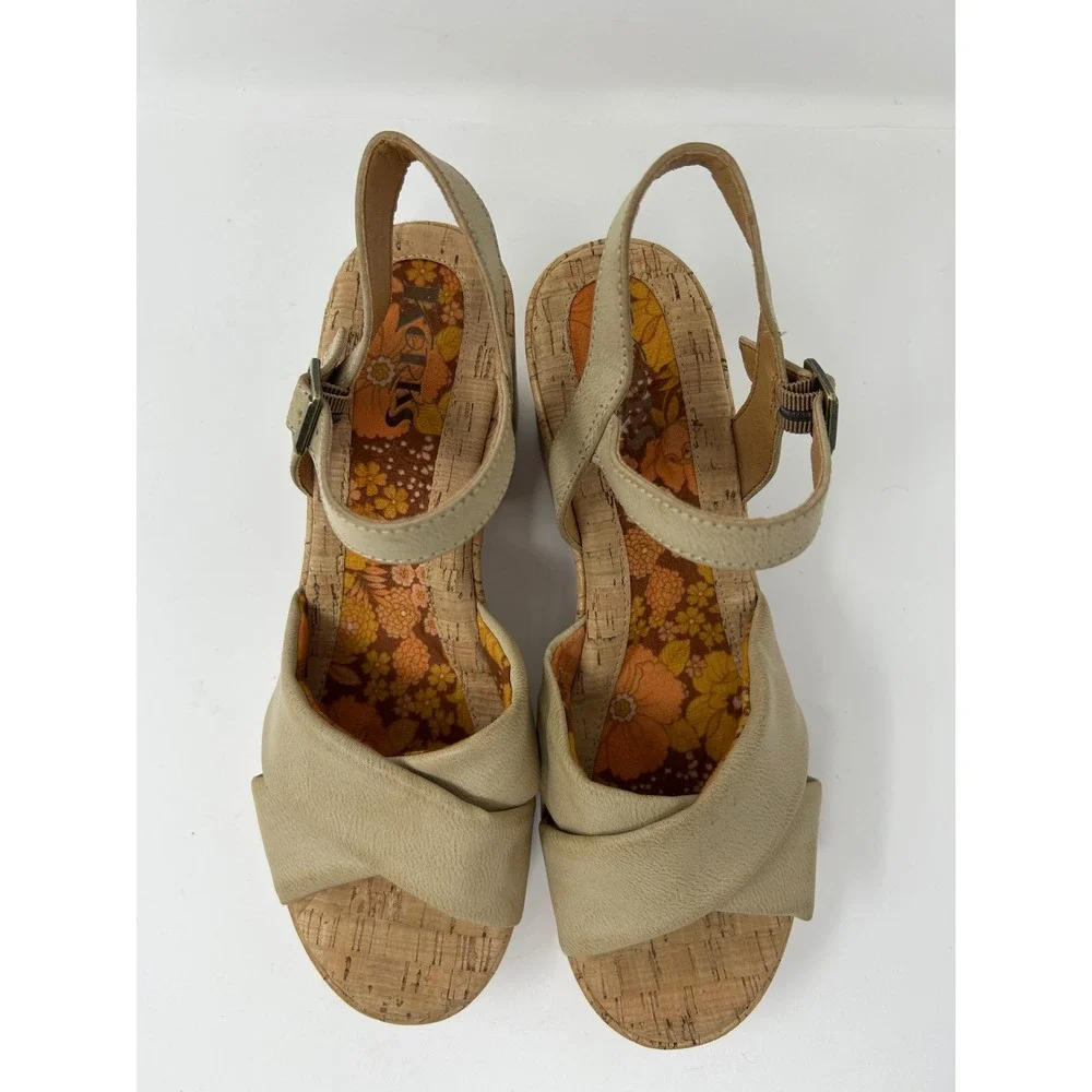 Korks Tan Cork Platform Block Heel Sandals Retro Floral Footbed Womens Size 10M